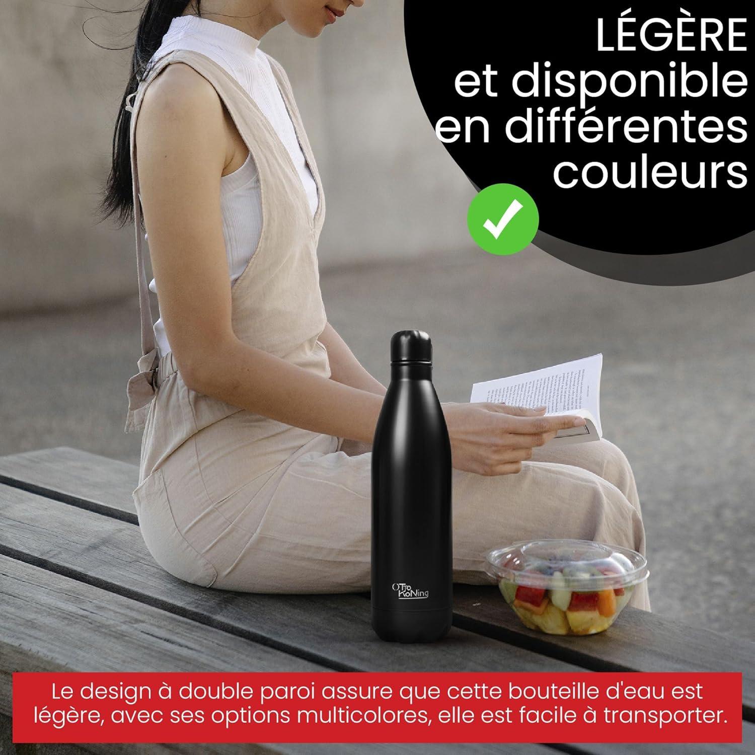 image:imageGourde Isotherme Otto Koning 1L Inox Bouteille Eau Sport Thermos Caf et Th Maintien Chaud 12h Froid 24h Design tanche Double Paroi Sans BPA pour Homme Femme BureauNoir