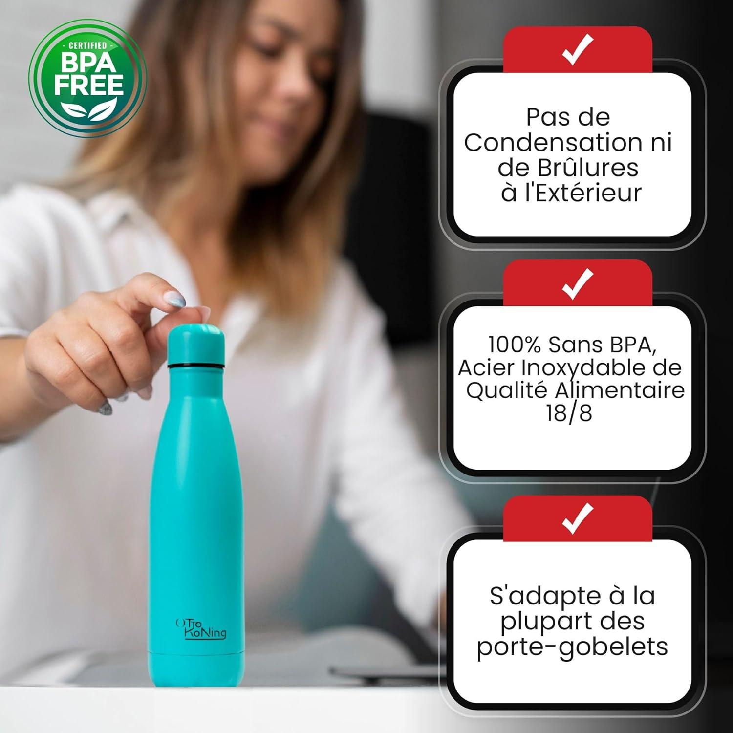 image:imageGourde Isotherme Otto Koning 1L Inox Bouteille Eau Sport Thermos Caf et Th Maintien Chaud 12h Froid 24h Design tanche Double Paroi Sans BPA pour Homme Femme BureauVert