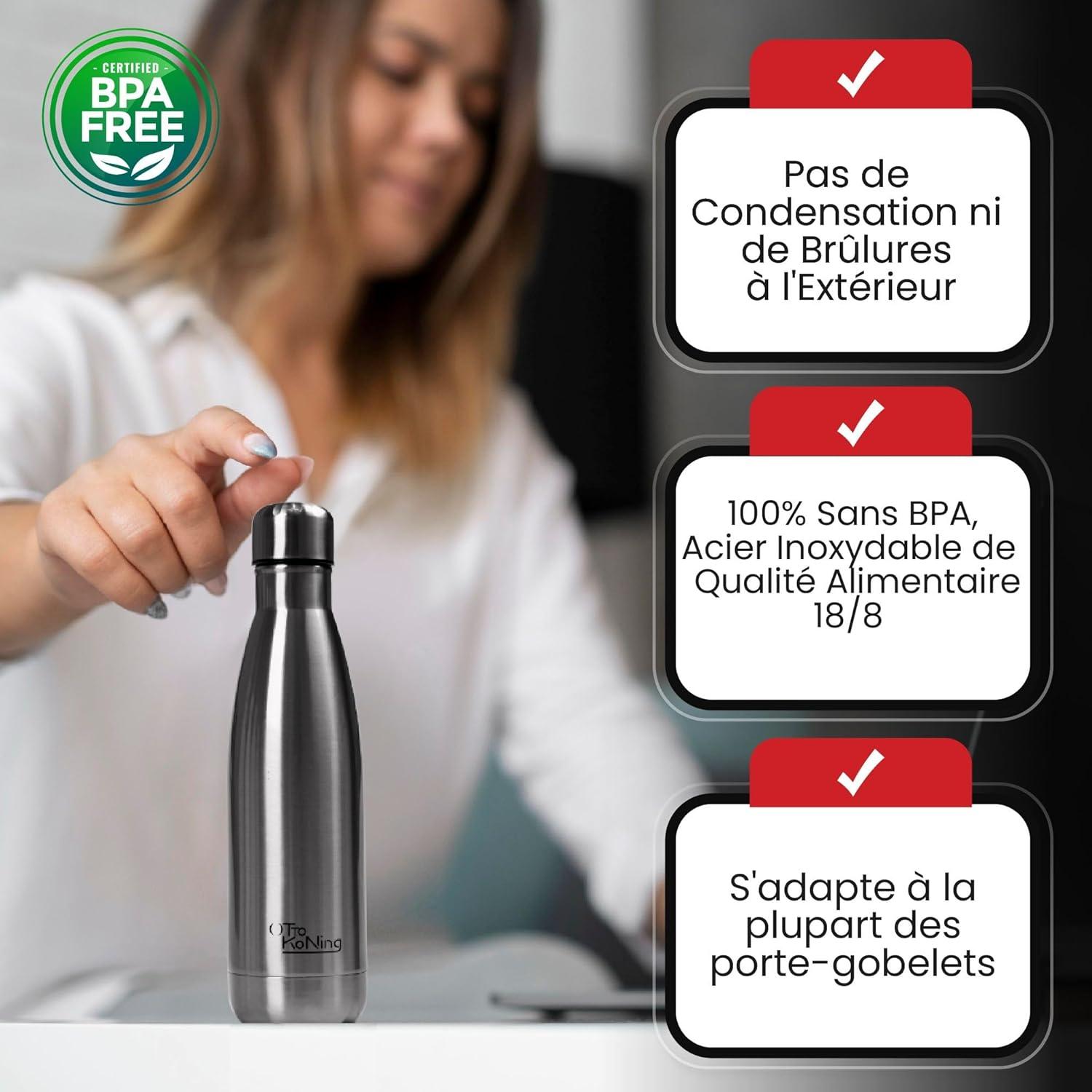 image:imageGourde Isotherme Otto Koning 1L Inox Bouteille Eau Sport Thermos Caf et Th Maintien Chaud 12h Froid 24h Design tanche Double Paroi Sans BPA pour Homme Femme BureauArgent