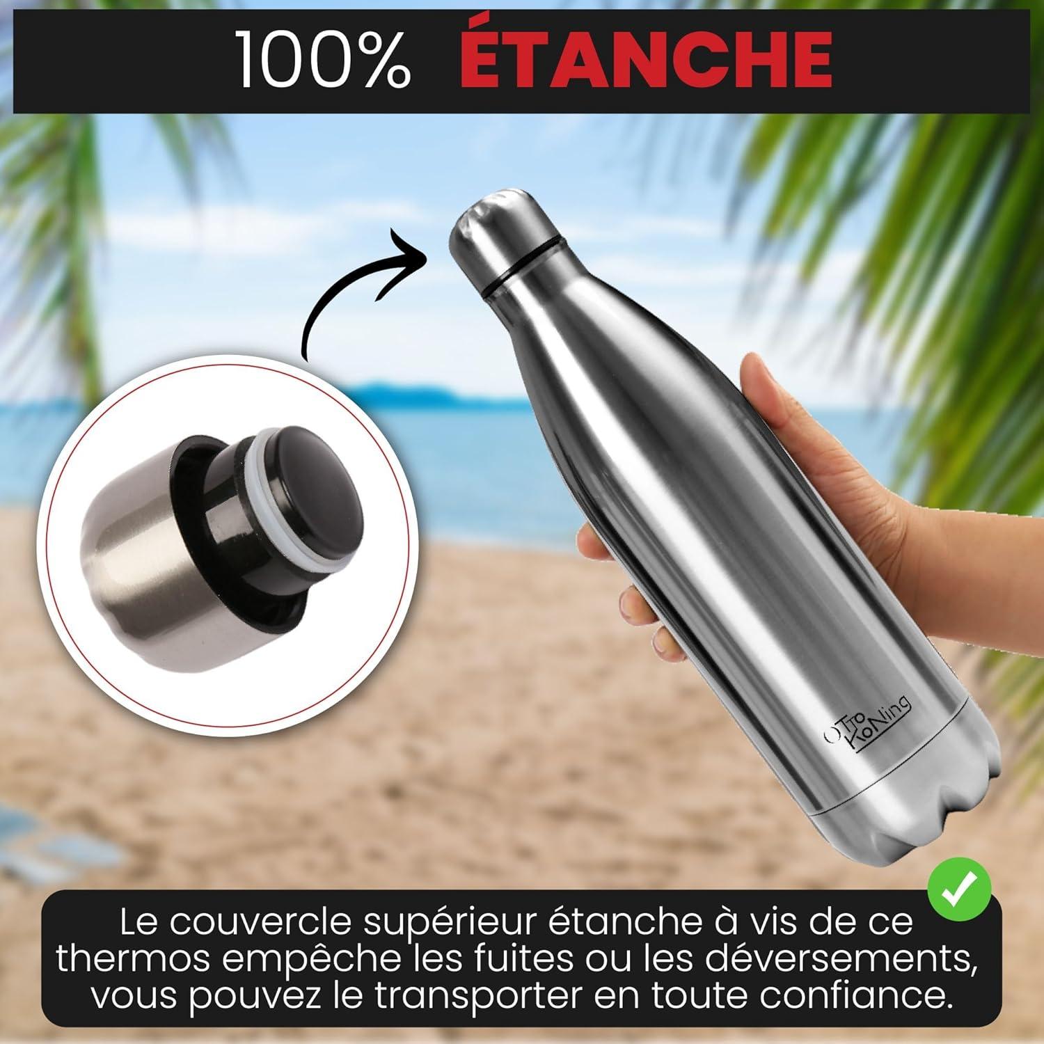 image:imageGourde Isotherme Otto Koning 1L Inox Bouteille Eau Sport Thermos Caf et Th Maintien Chaud 12h Froid 24h Design tanche Double Paroi Sans BPA pour Homme Femme BureauArgent