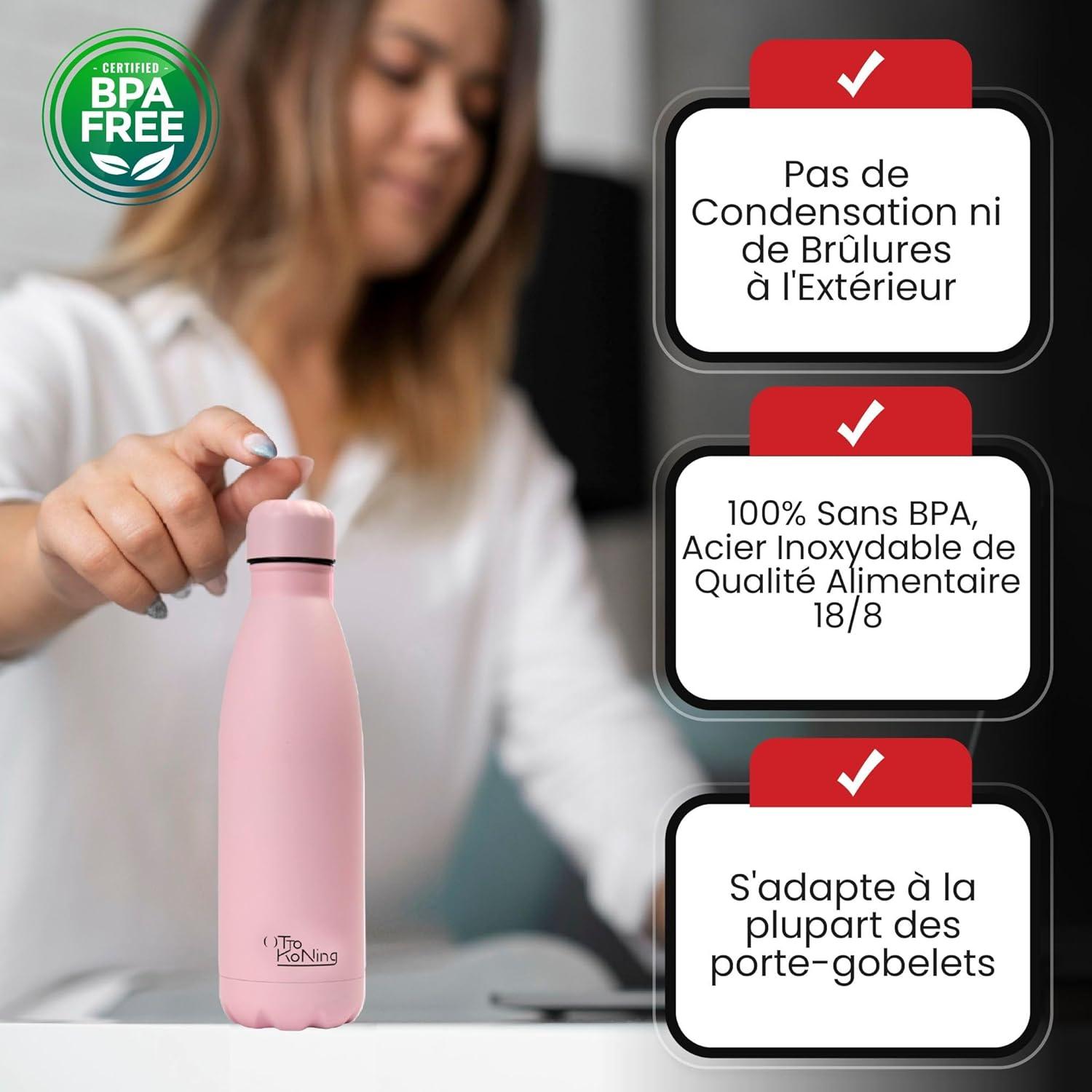 image:imageGourde Isotherme Otto Koning 1L Inox Bouteille Eau Sport Thermos Caf et Th Maintien Chaud 12h Froid 24h Design tanche Double Paroi Sans BPA pour Homme Femme BureauRose