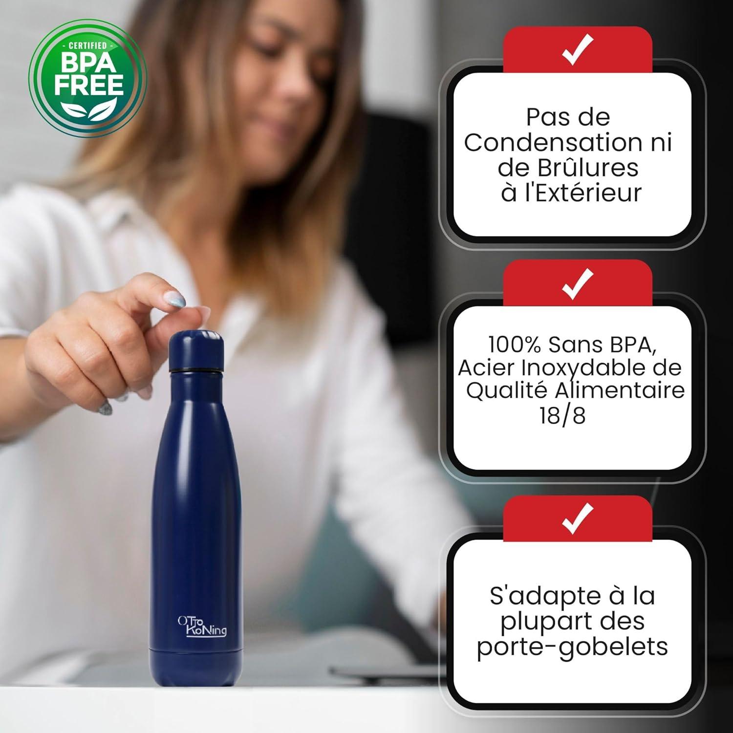 image:imageGourde Isotherme Otto Koning 1L Inox Bouteille Eau Sport Thermos Caf et Th Maintien Chaud 12h Froid 24h Design tanche Double Paroi Sans BPA pour Homme Femme BureauBleu Marine