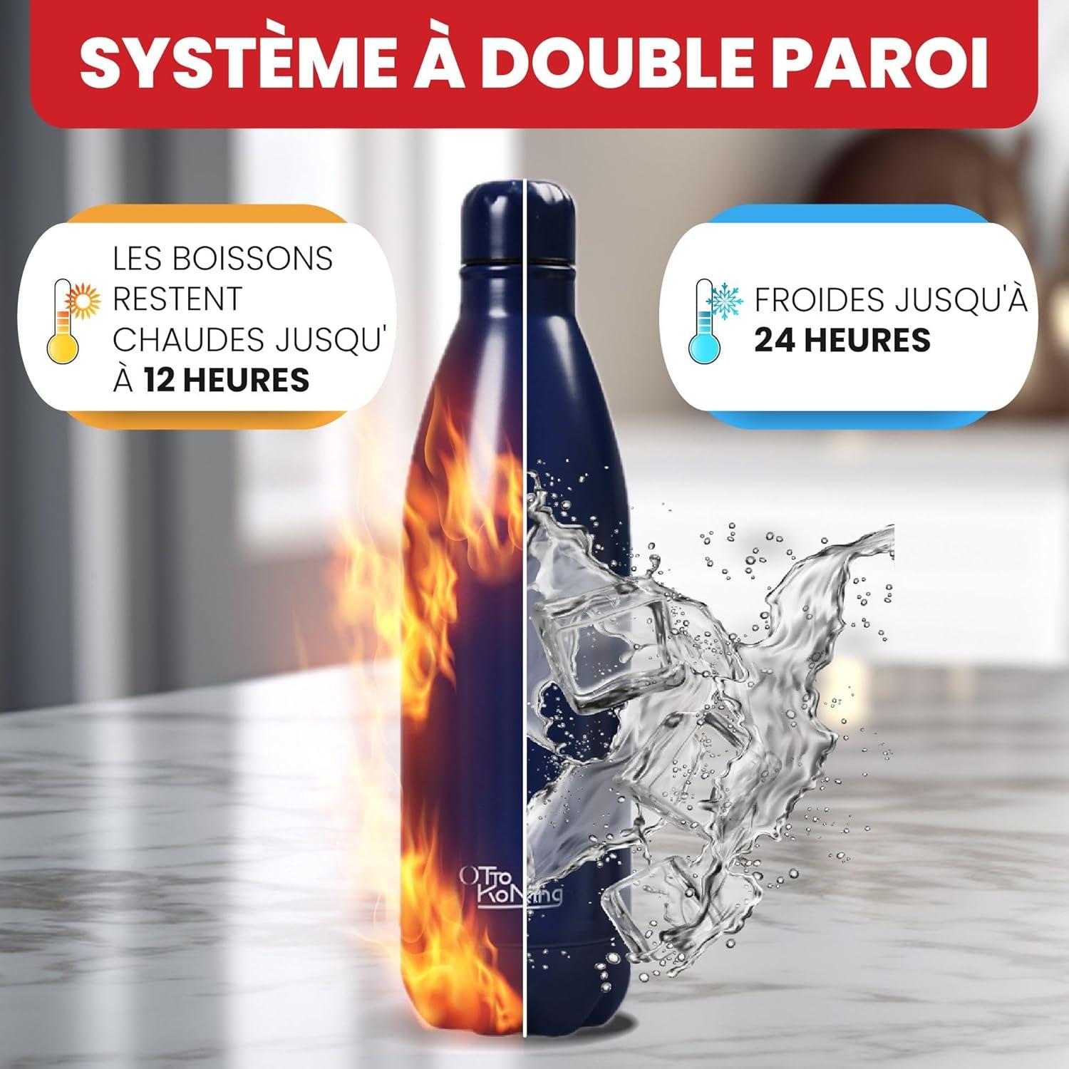 image:imageGourde Isotherme Otto Koning 1L Inox Bouteille Eau Sport Thermos Caf et Th Maintien Chaud 12h Froid 24h Design tanche Double Paroi Sans BPA pour Homme Femme BureauBleu Marine