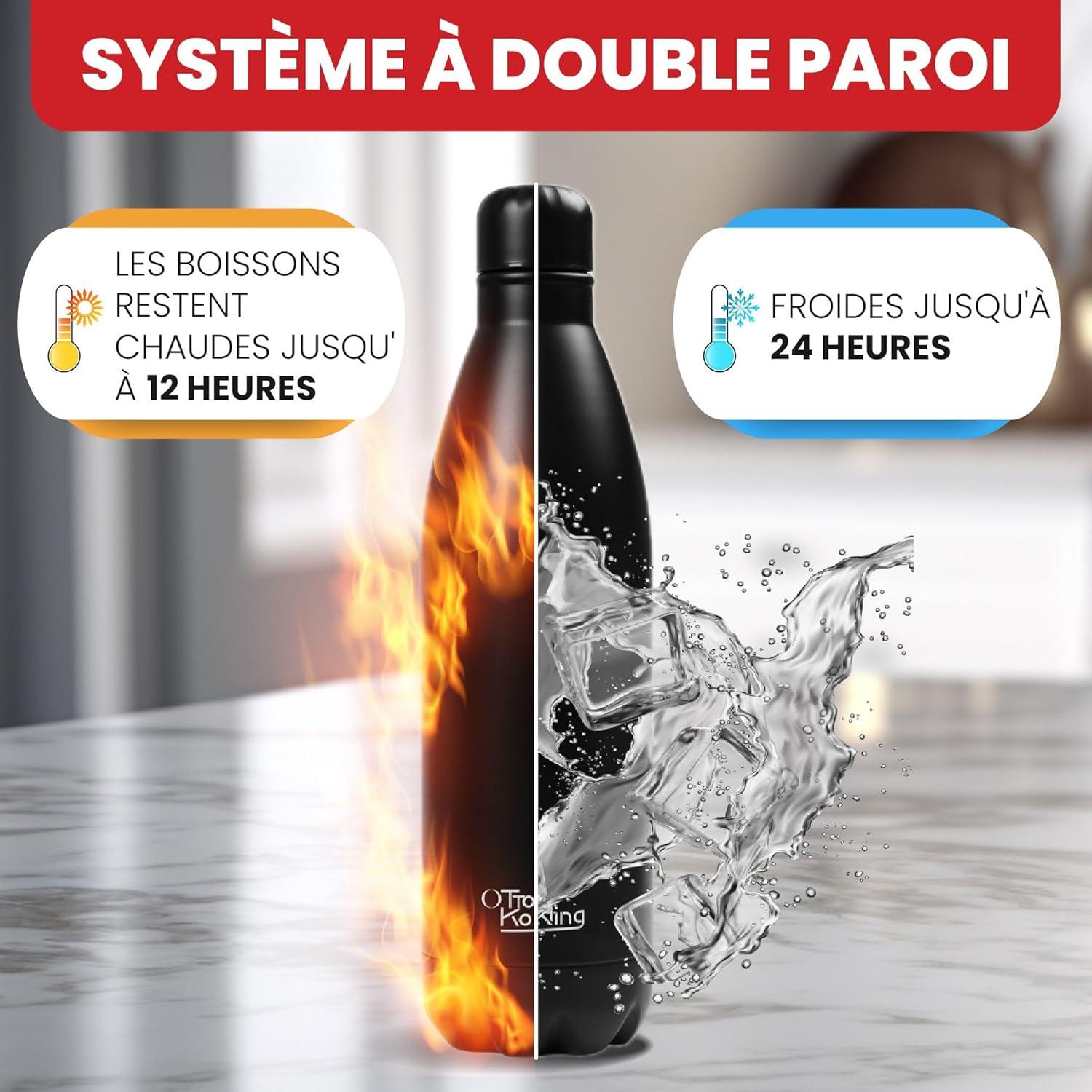 image:imageGourde Isotherme Otto Koning 1L Inox Bouteille Eau Sport Thermos Caf et Th Maintien Chaud 12h Froid 24h Design tanche Double Paroi Sans BPA pour Homme Femme BureauNoir