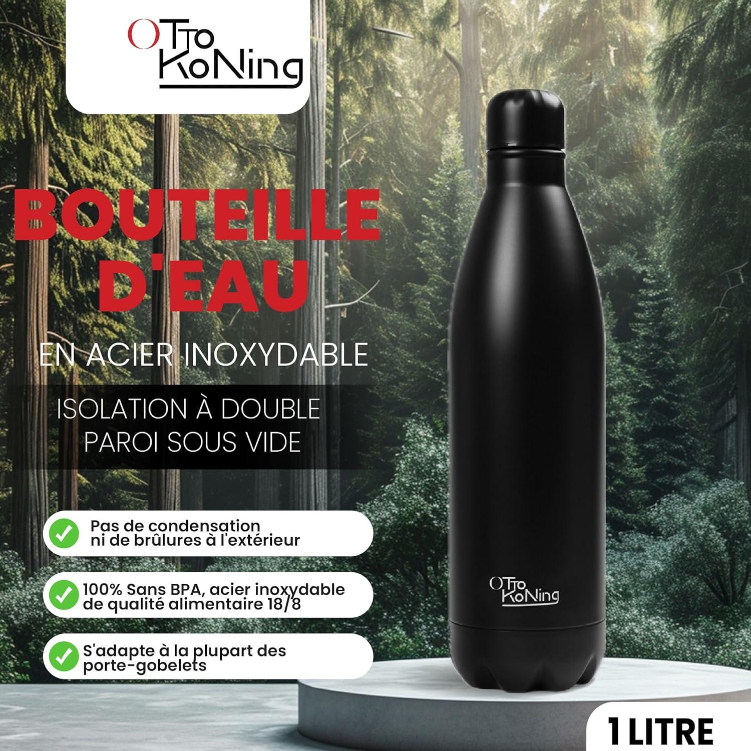 image:imageGourde Isotherme Otto Koning 1L Inox Bouteille Eau Sport Thermos Caf et Th Maintien Chaud 12h Froid 24h Design tanche Double Paroi Sans BPA pour Homme Femme BureauNoir