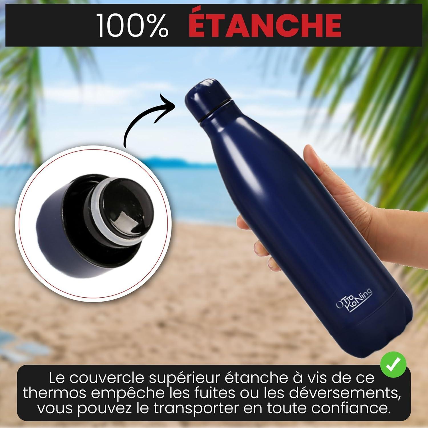 image:imageGourde Isotherme Otto Koning 1L Inox Bouteille Eau Sport Thermos Caf et Th Maintien Chaud 12h Froid 24h Design tanche Double Paroi Sans BPA pour Homme Femme BureauBleu Marine