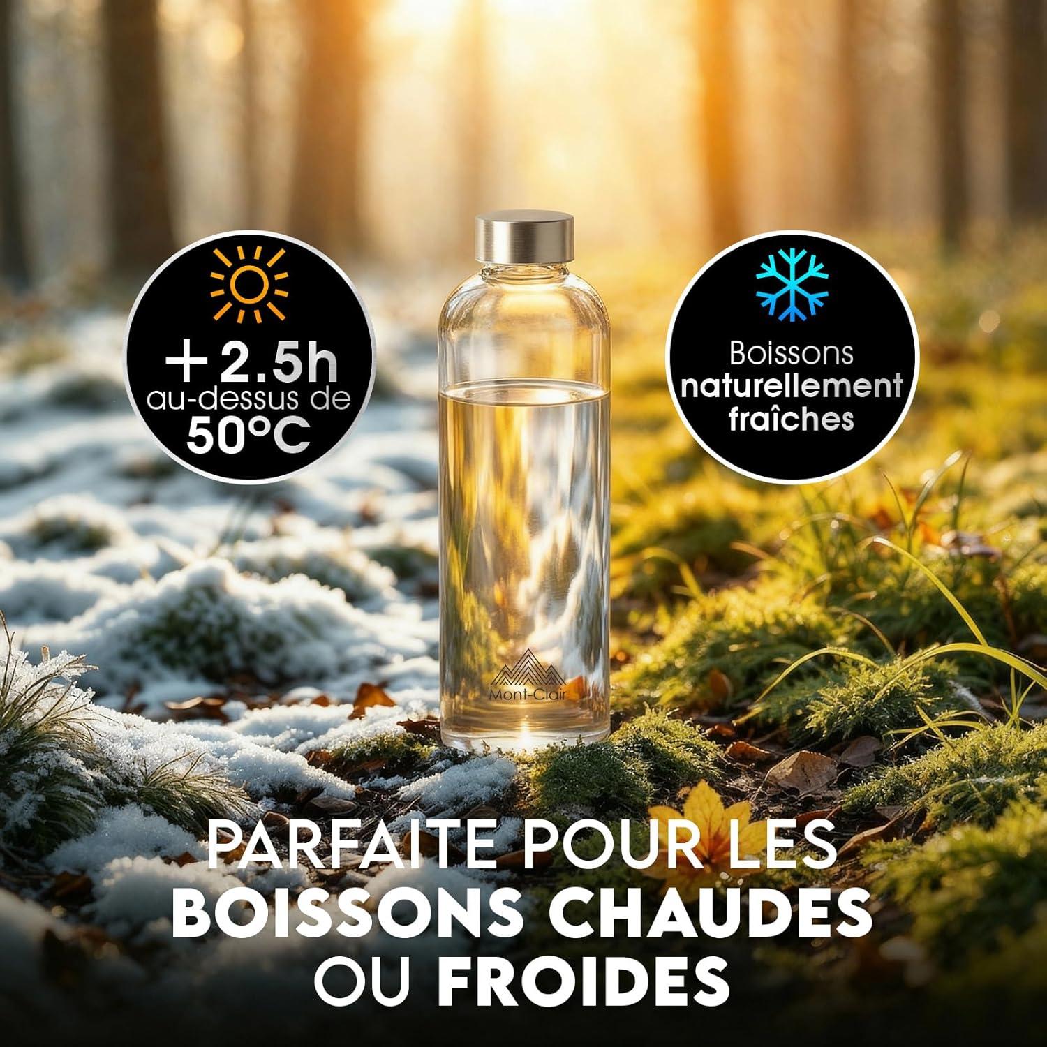 image:imageMontClair Kristal Gourde Borosilicate Bouteille en verre 750ml avec housse en noprne Antifuite sans BPA Boissons chaudes amp froides Idale pour les voyages gym et la course NoirGris