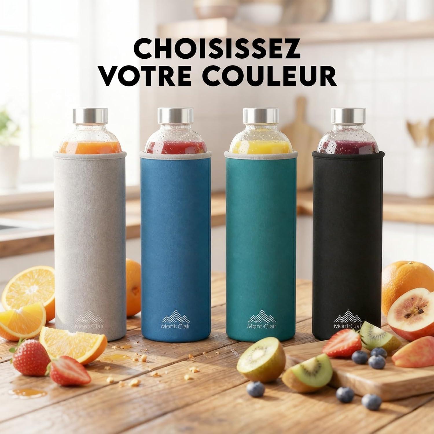 image:imageMontClair Kristal Gourde Borosilicate Bouteille en verre 750ml avec housse en noprne Antifuite sans BPA Boissons chaudes amp froides Idale pour les voyages gym et la course NoirVert