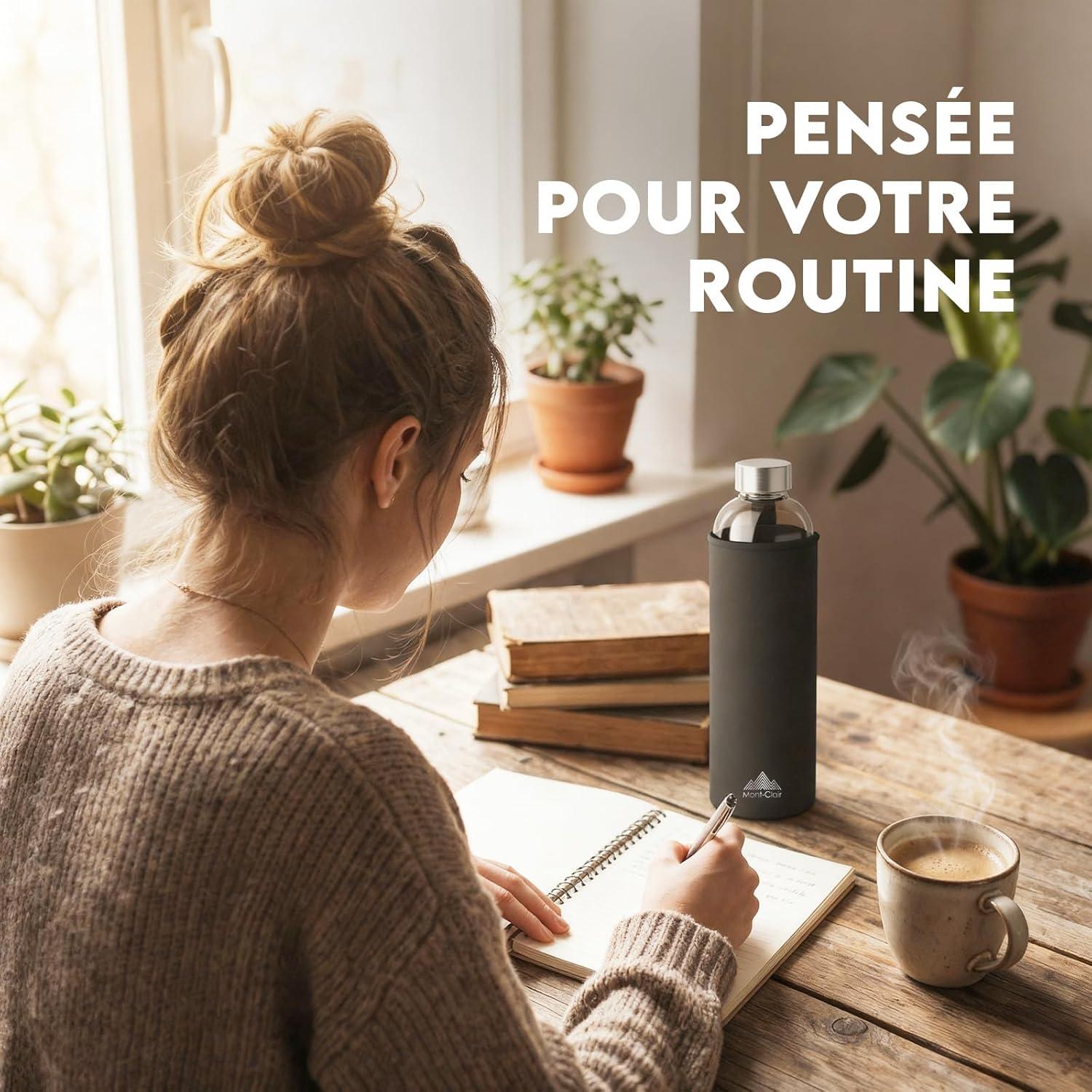 image:imageMontClair Kristal Gourde Borosilicate Bouteille en verre 750ml avec housse en noprne Antifuite sans BPA Boissons chaudes amp froides Idale pour les voyages gym et la course NoirVert