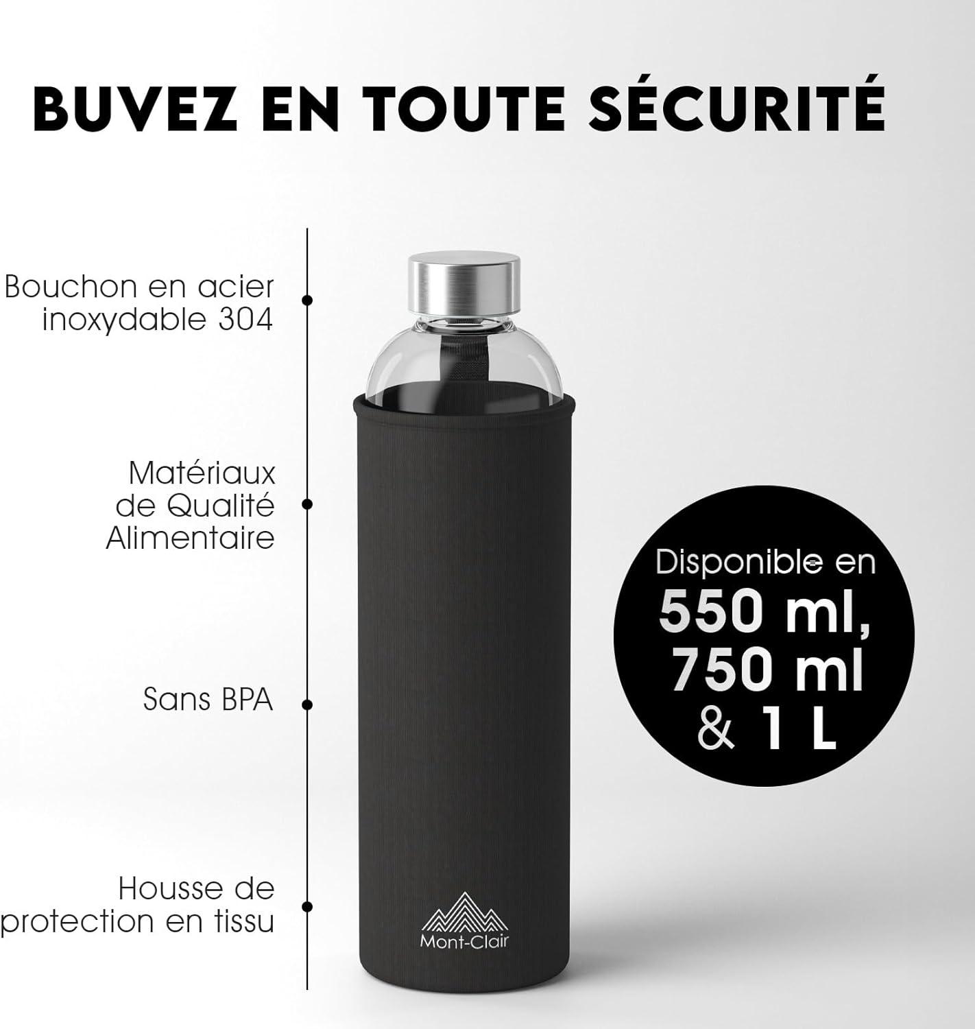 image:imageMontClair Kristal Gourde Borosilicate Bouteille en verre 750ml avec housse en noprne Antifuite sans BPA Boissons chaudes amp froides Idale pour les voyages gym et la course NoirGris