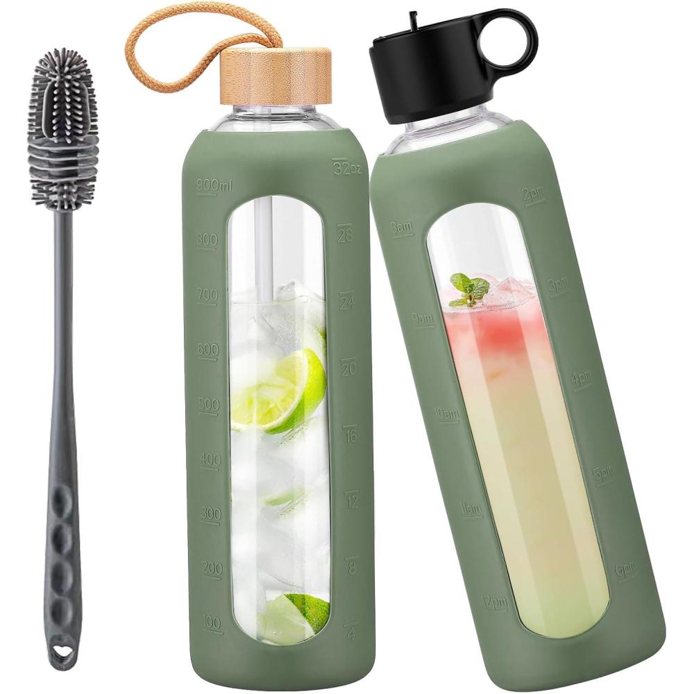 image:image750ml Gourde en Verre Avec Paille et 2 Couvercle Bouteille deau Motivation Gradue Pour 1 Journee Avec Marqueur de Temps Housse en Silicone Sport Gourde ReutilisableBleuOlivier