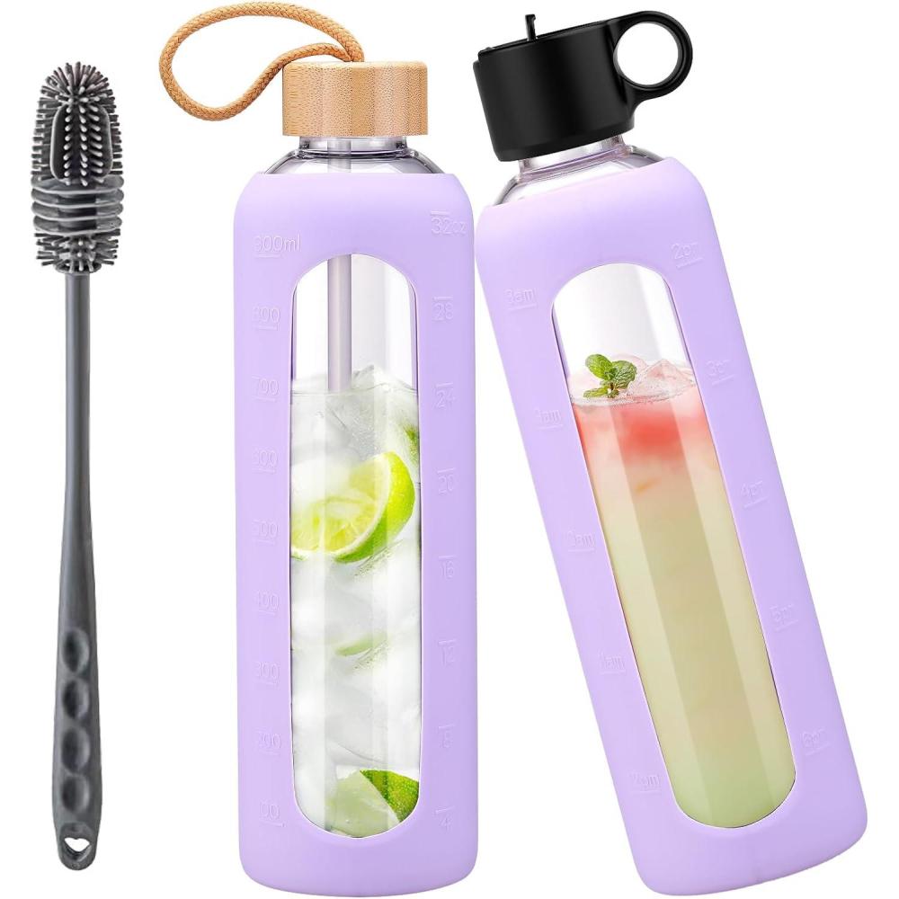 image:image750ml Gourde en Verre Avec Paille et 2 Couvercle Bouteille deau Motivation Gradue Pour 1 Journee Avec Marqueur de Temps Housse en Silicone Sport Gourde ReutilisableBleuViolet