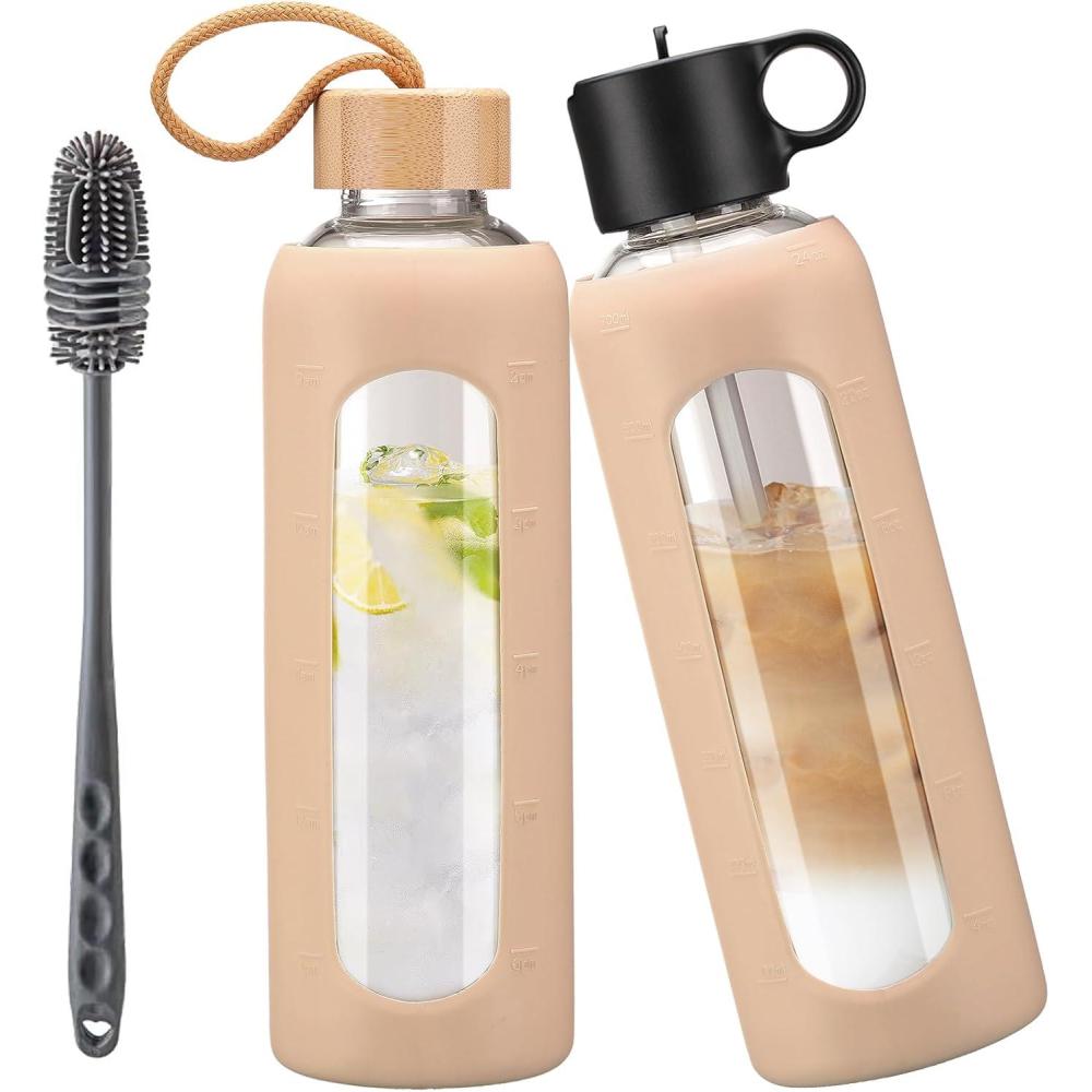 image:image750ml Gourde en Verre Avec Paille et 2 Couvercle Bouteille deau Motivation Gradue Pour 1 Journee Avec Marqueur de Temps Housse en Silicone Sport Gourde ReutilisableBleuAmbre