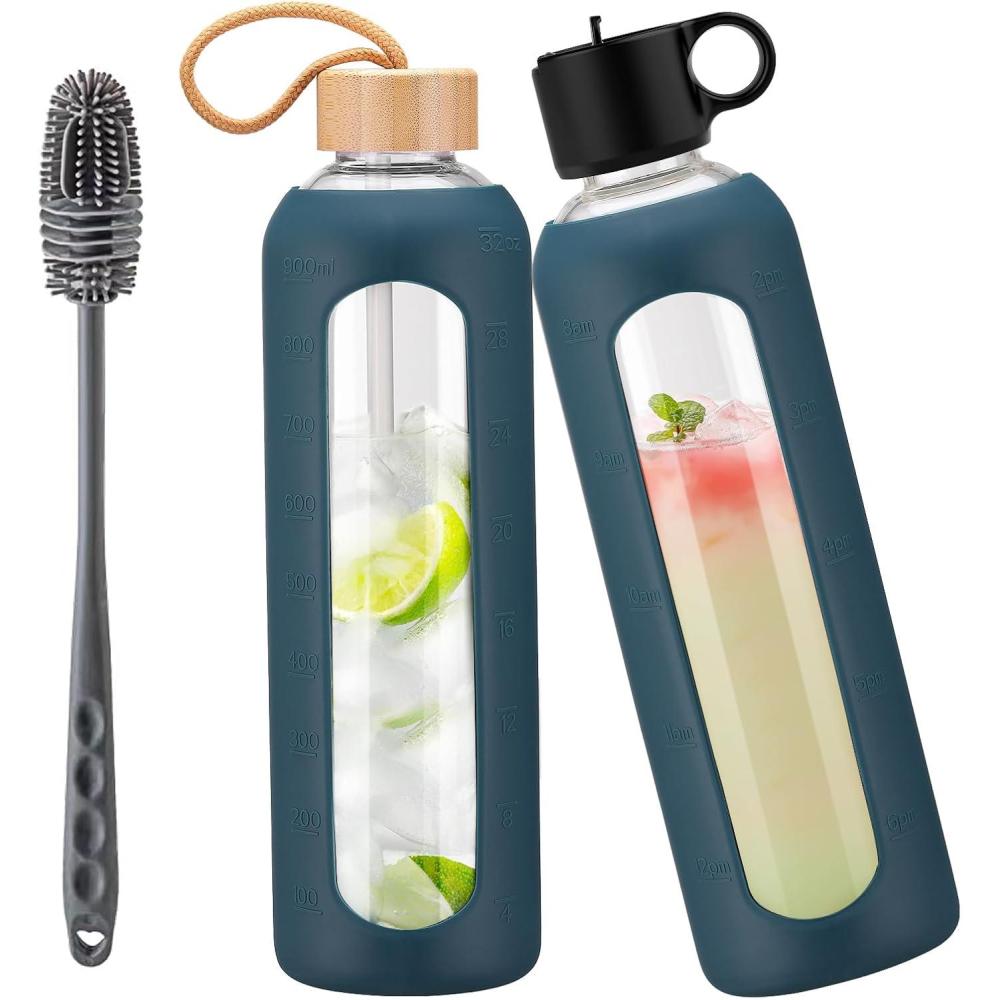 image:image750ml Gourde en Verre Avec Paille et 2 Couvercle Bouteille deau Motivation Gradue Pour 1 Journee Avec Marqueur de Temps Housse en Silicone Sport Gourde ReutilisableBleuBleu