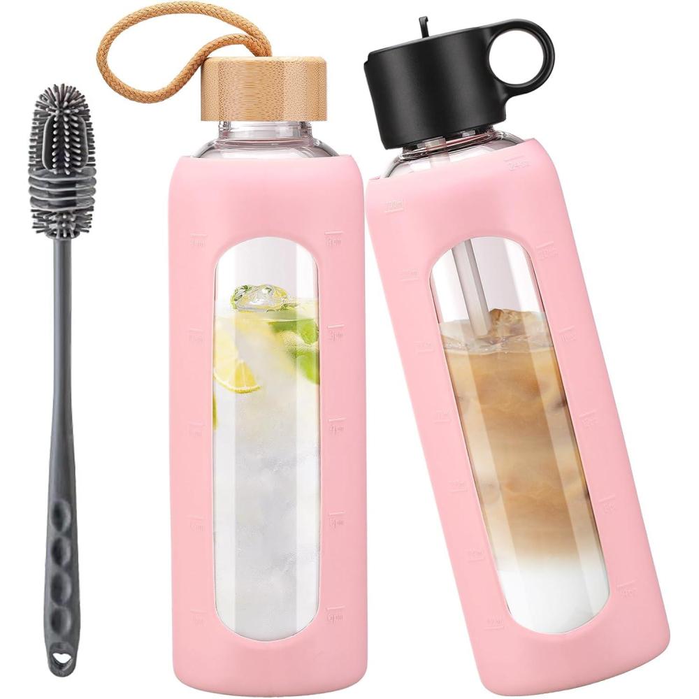 image:image750ml Gourde en Verre Avec Paille et 2 Couvercle Bouteille deau Motivation Gradue Pour 1 Journee Avec Marqueur de Temps Housse en Silicone Sport Gourde ReutilisableBleuRose