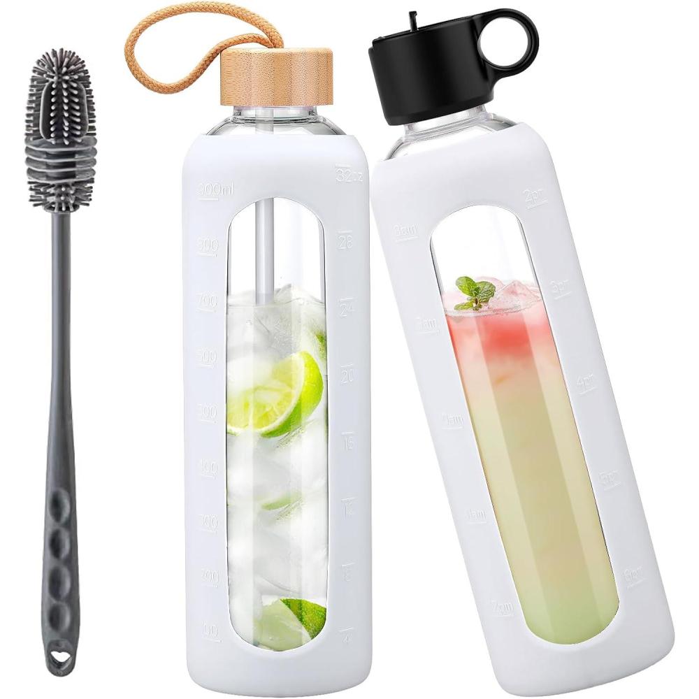 image:image750ml Gourde en Verre Avec Paille et 2 Couvercle Bouteille deau Motivation Gradue Pour 1 Journee Avec Marqueur de Temps Housse en Silicone Sport Gourde ReutilisableBleuBlanc
