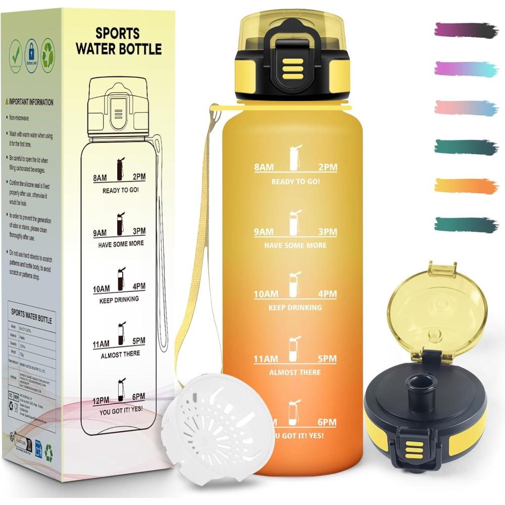 image:imageGourde 15L Motivant et tanche Bouteille Deau Sport Rutilisable Bouteille Marqueur Horaire Gourde Gradue pour 1 Journee pour Salle de Sport Travail Camping RandonneAmbre Orange 1500ml