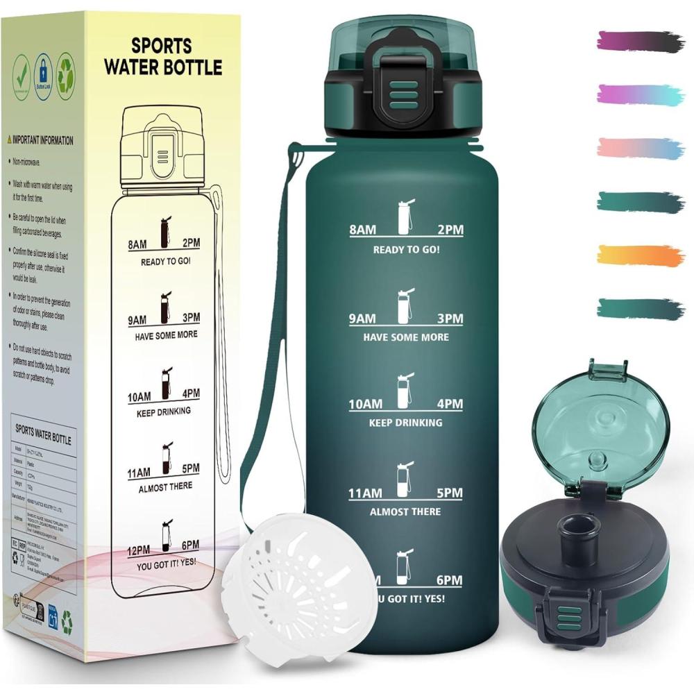 image:imageGourde 15L Motivant et tanche Bouteille Deau Sport Rutilisable Bouteille Marqueur Horaire Gourde Gradue pour 1 Journee pour Salle de Sport Travail Camping RandonneVert Gris 1500ml