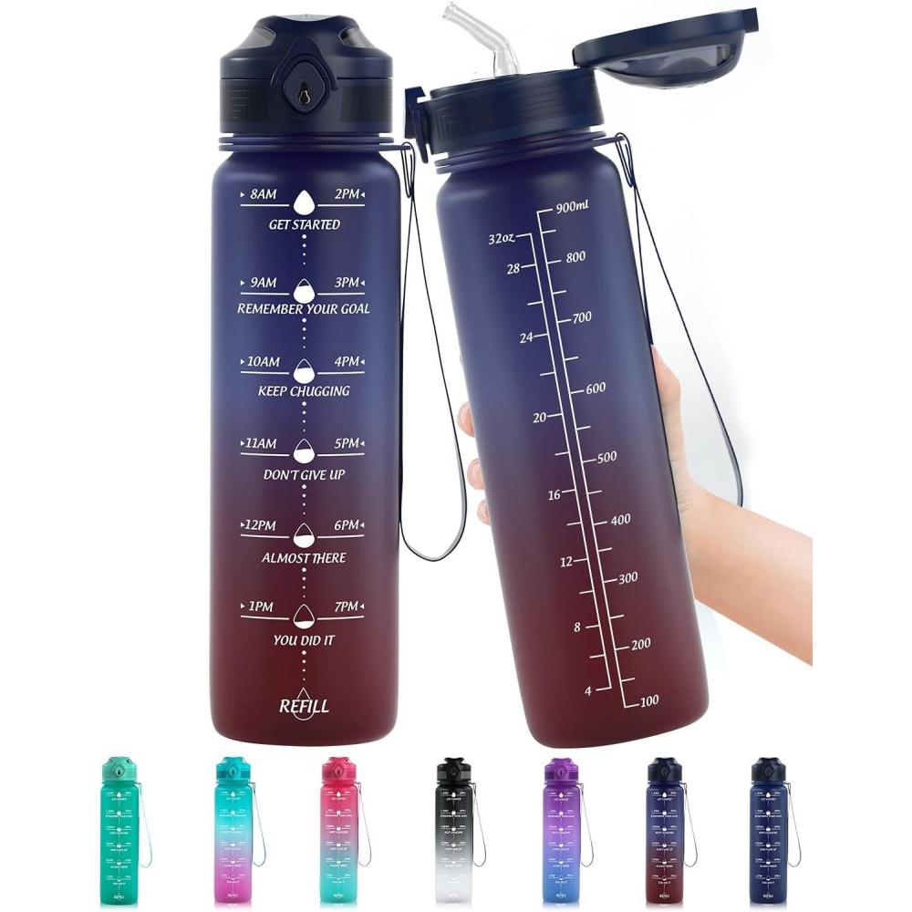 image:imageGourde 1L Sport Bouteille deau avec Paille et Marqueur de Temps Tritan Plastique sans BPA Gourde Reutilisable pour Enfant Adulte Camping Running RandonneBleuRouge