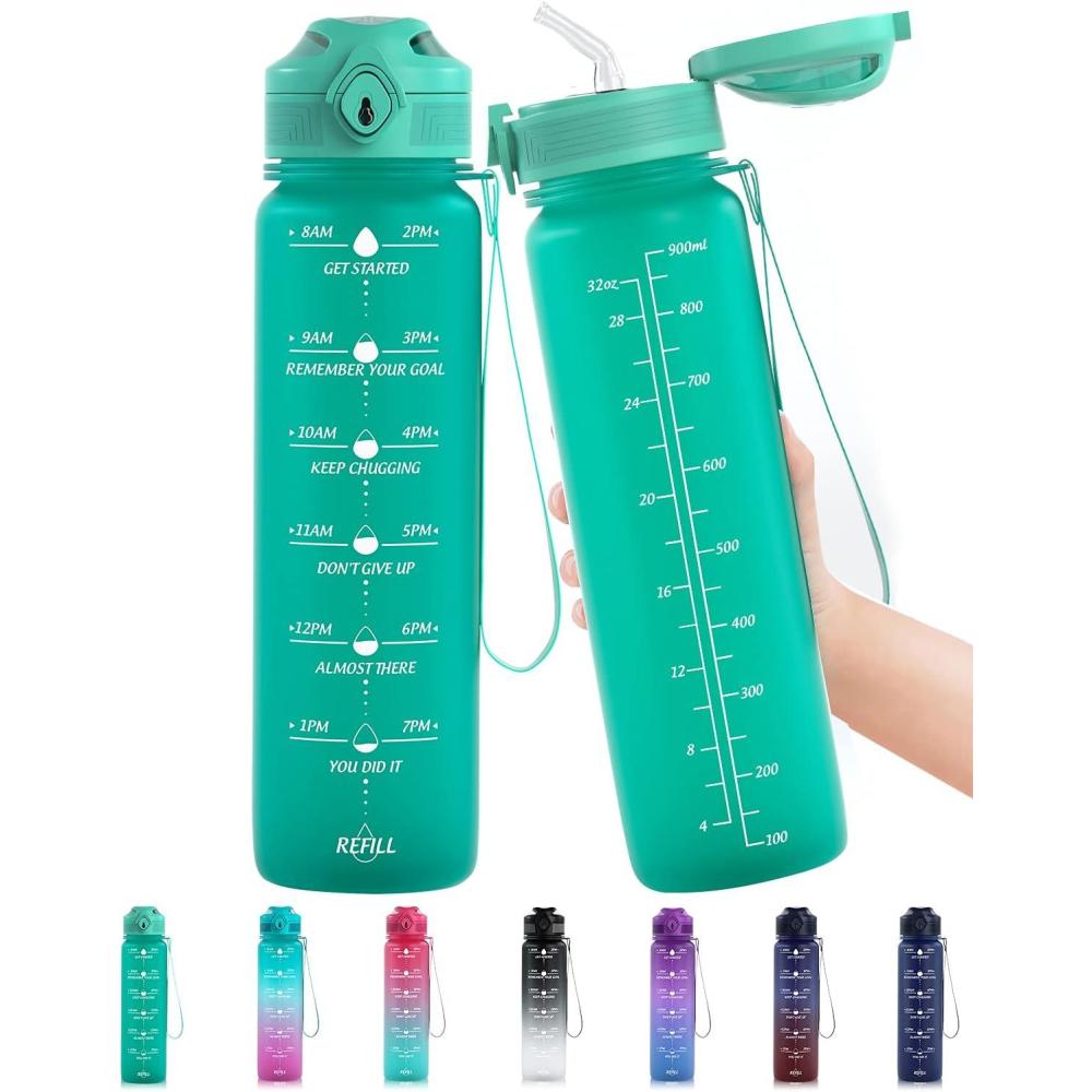 image:imageGourde 1L Sport Bouteille deau avec Paille et Marqueur de Temps Tritan Plastique sans BPA Gourde Reutilisable pour Enfant Adulte Camping Running RandonneVert