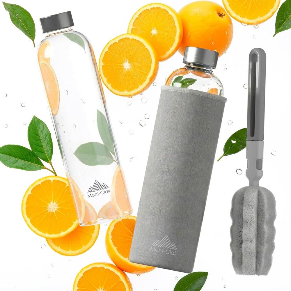 image:imageMontClair Kristal Gourde Borosilicate Bouteille en verre 750ml avec housse en noprne Antifuite sans BPA Boissons chaudes amp froides Idale pour les voyages gym et la course NoirGris