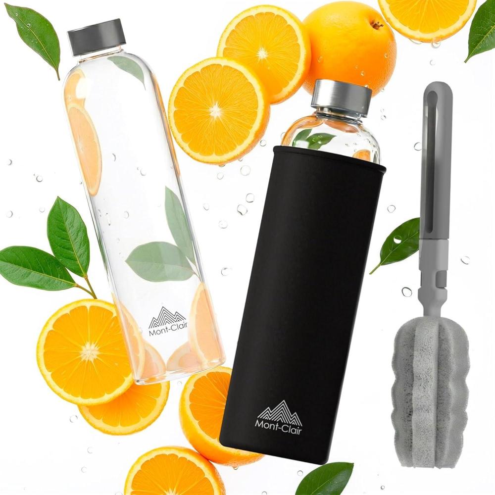 image:imageMontClair Kristal Gourde Borosilicate Bouteille en verre 750ml avec housse en noprne Antifuite sans BPA Boissons chaudes amp froides Idale pour les voyages gym et la course NoirNoir