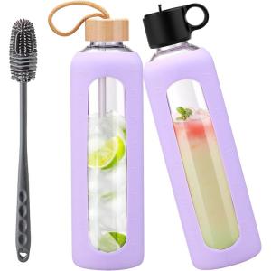 750ml Gourde en Verre Avec Paille et 2 Couvercle, Bouteille d&rsquo;eau Motivation Graduée Pour 1 Journee Avec Marqueur de Temps Housse en Silicone, Sport Gourde Reutilisable,Bleu(Violet)