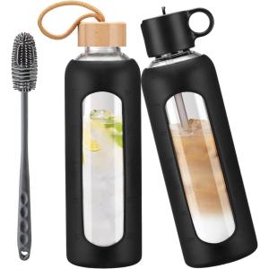 750ml Gourde en Verre Avec Paille et 2 Couvercle, Bouteille d&rsquo;eau Motivation Graduée Pour 1 Journee Avec Marqueur de Temps Housse en Silicone, Sport Gourde Reutilisable,Bleu(Noir)