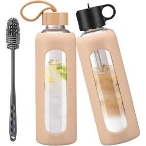 750ml Gourde en Verre Avec Paille et 2 Couvercle, Bouteille d&rsquo;eau Motivation Graduée Pour 1 Journee Avec Marqueur de Temps Housse en Silicone, Sport Gourde Reutilisable,Bleu(Ambre)
