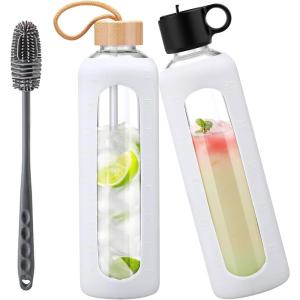 750ml Gourde en Verre Avec Paille et 2 Couvercle, Bouteille d&rsquo;eau Motivation Graduée Pour 1 Journee Avec Marqueur de Temps Housse en Silicone, Sport Gourde Reutilisable,Bleu(Blanc)