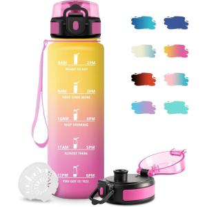 Bouteille Sport 500ml, Gourde Motivation sans BPA, Gourdes avec Marqueur de Temps, Bouteille d&rsquo;eau Idéale pour Randonnée, Bureau, l&rsquo;école(32oz-1000ml | Jaune + Rose)