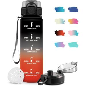 Bouteille Sport 500ml, Gourde Motivation sans BPA, Gourdes avec Marqueur de Temps, Bouteille d&rsquo;eau Idéale pour Randonnée, Bureau, l&rsquo;école(32oz-1000ml | Noir + Rouge)