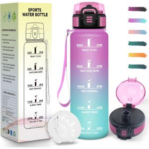 Gourde 1,5L, Motivant et Étanche, Bouteille D&rsquo;eau Sport, Réutilisable, Bouteille, Marqueur Horaire, Gourde Graduée pour 1 Journee, pour Salle de Sport, Travail, Camping, Randonnée(Rose & Cyan – 1000ml)