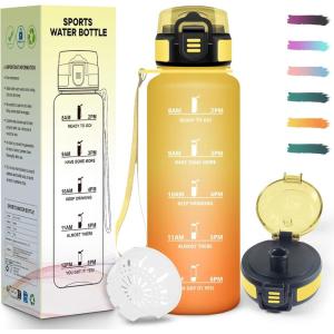 Gourde 1,5L, Motivant et Étanche, Bouteille D&rsquo;eau Sport, Réutilisable, Bouteille, Marqueur Horaire, Gourde Graduée pour 1 Journee, pour Salle de Sport, Travail, Camping, Randonnée(Ambre & Orange – 1500ml)