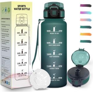 Gourde 1,5L, Motivant et Étanche, Bouteille D&rsquo;eau Sport, Réutilisable, Bouteille, Marqueur Horaire, Gourde Graduée pour 1 Journee, pour Salle de Sport, Travail, Camping, Randonnée(Vert & Gris – 1500ml)