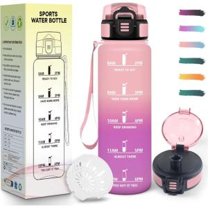 Gourde 1,5L, Motivant et Étanche, Bouteille D&rsquo;eau Sport, Réutilisable, Bouteille, Marqueur Horaire, Gourde Graduée pour 1 Journee, pour Salle de Sport, Travail, Camping, Randonnée(Rose & Rose – 1000ml)