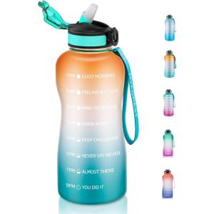 MYFOREST bouteille d&rsquo;eau, grand bec pour une gorgée/paille amovible pour siroter, Marqueur de temps anti-rayures pour une hydratation motivationnelle, résistant aux chutes/sans BPA(2 2l Orange-teal)