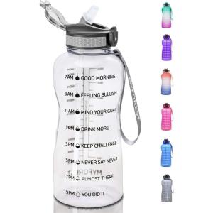 MYFOREST bouteille d&rsquo;eau, grand bec pour une gorgée/paille amovible pour siroter, Marqueur de temps anti-rayures pour une hydratation motivationnelle, résistant aux chutes/sans BPA(2 2l Transparent4)