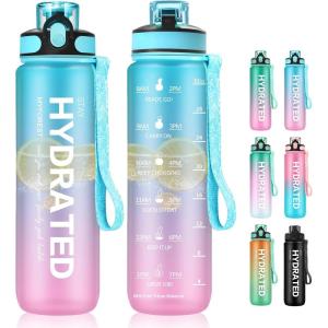 MYFOREST bouteille d&rsquo;eau, grand bec pour une gorgée/paille amovible pour siroter, Marqueur de temps anti-rayures pour une hydratation motivationnelle, résistant aux chutes/sans BPA(1l Cyan-rose)
