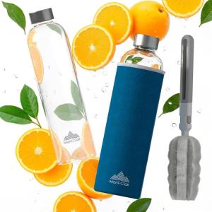 Mont-Clair Kristal Gourde Borosilicate – Bouteille en verre 750ml avec housse en néoprène – Anti-fuite + sans BPA – Boissons chaudes & froides – Idéale pour les voyages, gym et la course – Noir(Bleu)