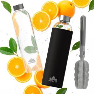 Mont-Clair Kristal Gourde Borosilicate – Bouteille en verre 750ml avec housse en néoprène – Anti-fuite + sans BPA – Boissons chaudes & froides – Idéale pour les voyages, gym et la course – Noir(Noir)