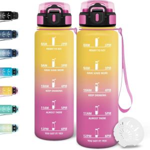 Motswedi Gourde 1,5l, Anti Fuite, Gourde Sport, Réutilisable, Bouteille d&rsquo;eau, sans BPA, Bouteille Reutilisable, pour Randonnée, Fitness, Yoga, Camping, Sport, Noir & Rouge(Jaune & Rose)