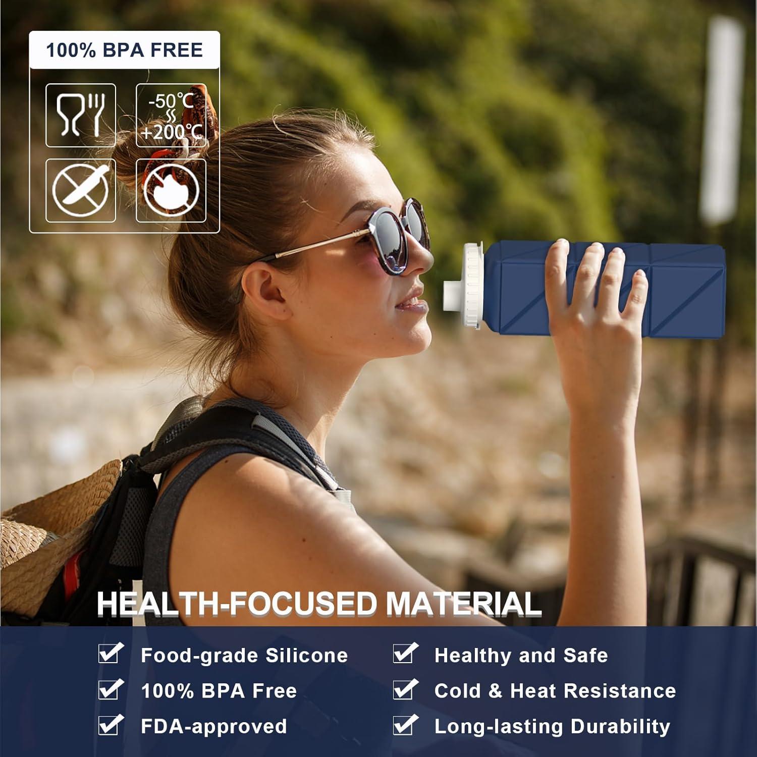 image:imageBouteille deau pliable en silicone 610 ml Lgre rutilisable tanche Pour voyage camping randonne cyclisme yoga sports de plein air NoirBleu Fonc