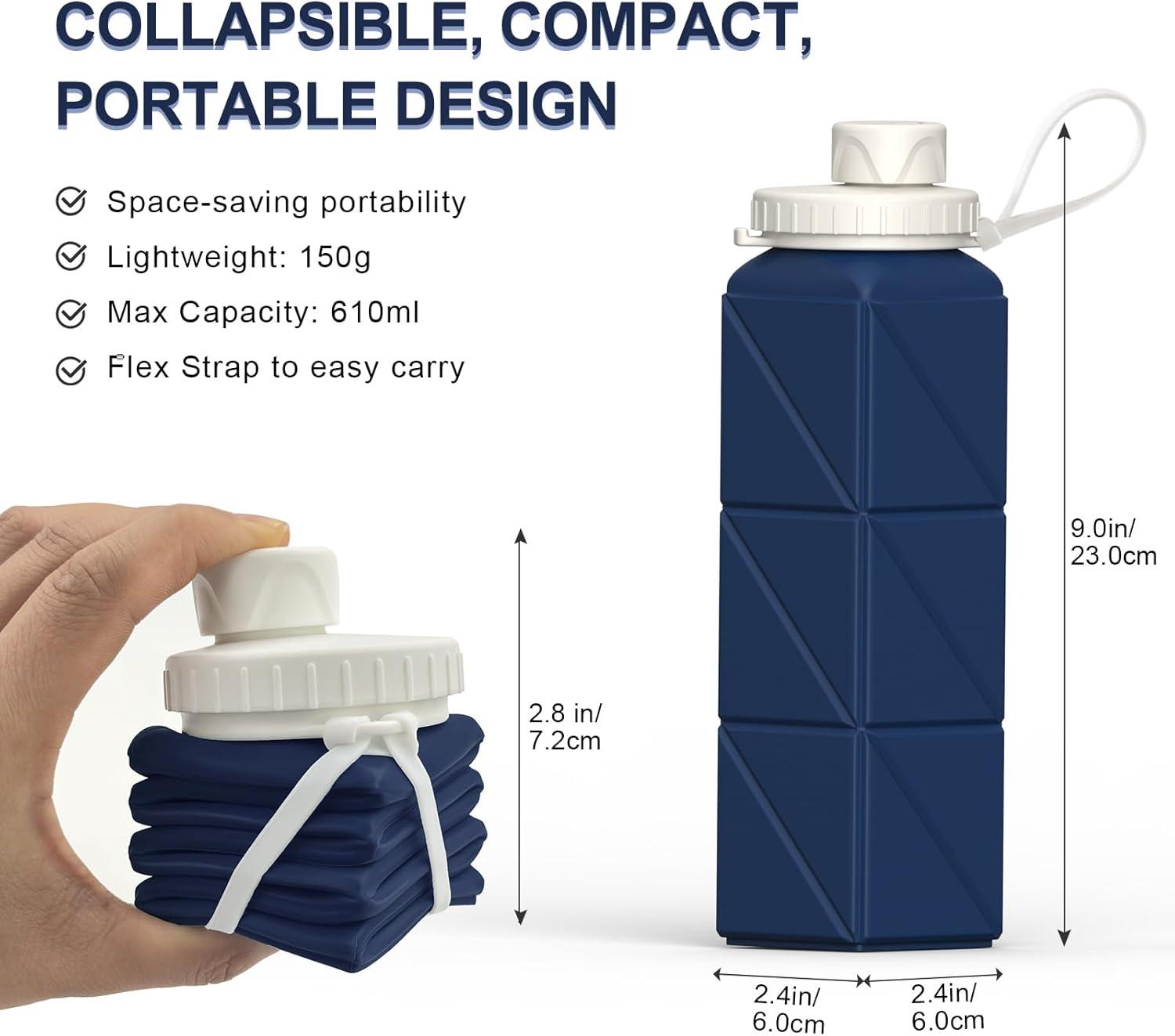 image:imageBouteille deau pliable en silicone 610 ml Lgre rutilisable tanche Pour voyage camping randonne cyclisme yoga sports de plein air NoirBleu Fonc