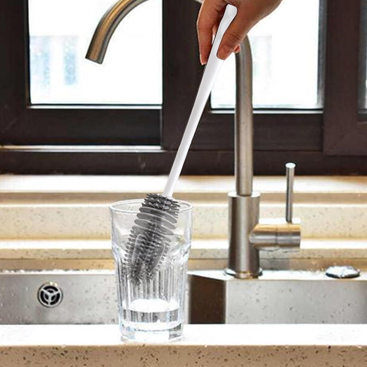 image:imageBrosse Nettoyeur Rutilisable Brosse Biberon en Silicone MultiUsages Nettoyage Manche Long pour Bouteille deau Gourde Sport Verre BiberonBlanc