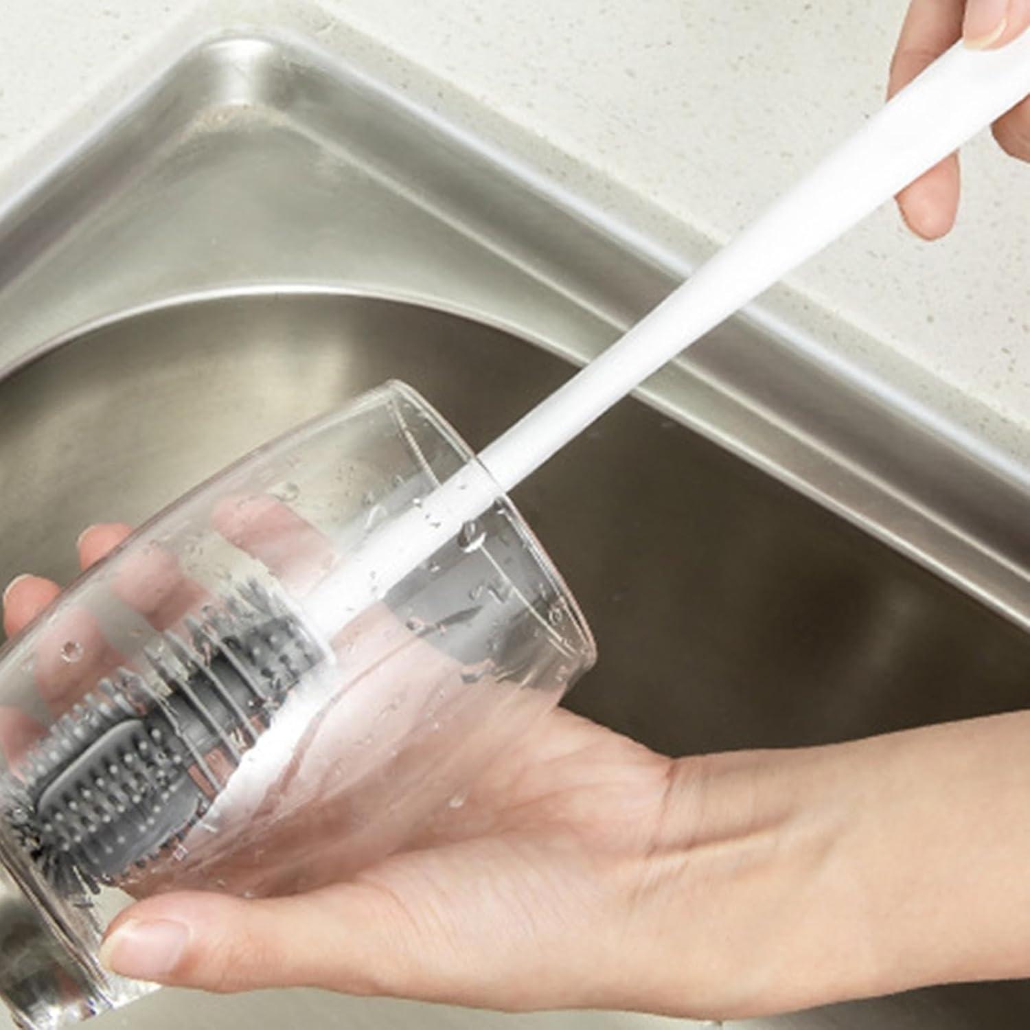 image:imageBrosse Nettoyeur Rutilisable Brosse Biberon en Silicone MultiUsages Nettoyage Manche Long pour Bouteille deau Gourde Sport Verre BiberonBlanc