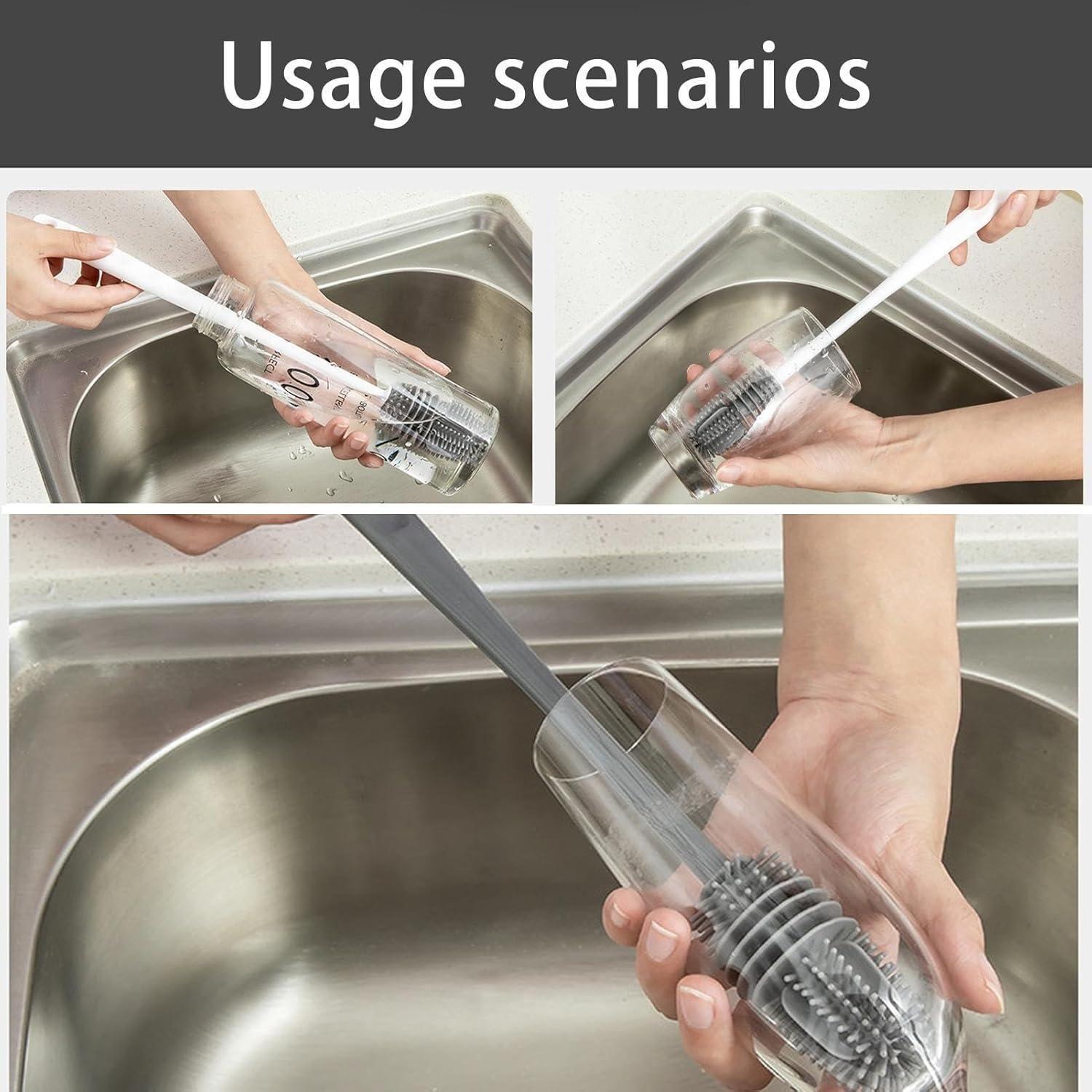 image:imageBrosse Nettoyeur Rutilisable Brosse Biberon en Silicone MultiUsages Nettoyage Manche Long pour Bouteille deau Gourde Sport Verre BiberonGris