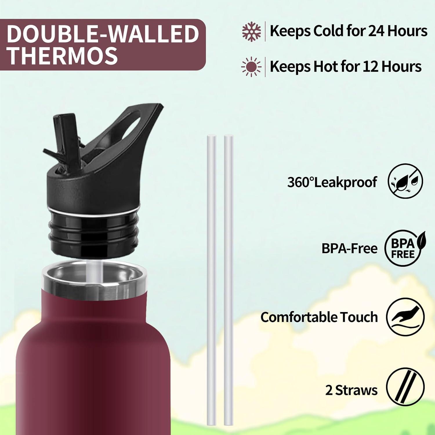 image:imageHoneyHolly Gourde Isotherme 500 ML Gourde INOX avec Paille Bouteille deau sans BPA Rutilisable AntiFuite Isolation sous Vide en Acier Inoxydable Double Paroi pour Enfants Adultes SportRouge Noir 500 Ml