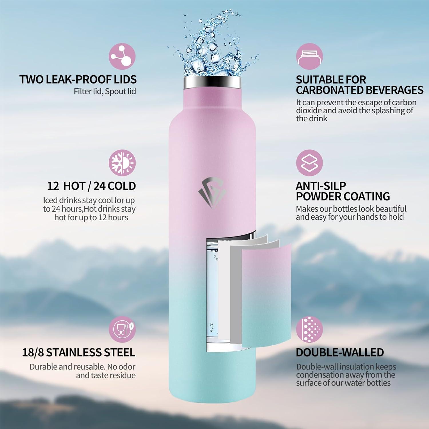 image:imageHoneyHolly Gourde Isotherme 500 ML Gourde INOX avec Paille Bouteille deau sans BPA Rutilisable AntiFuite Isolation sous Vide en Acier Inoxydable Double Paroi pour Enfants Adultes SportRose Clair Vert Clair 1000 Ml