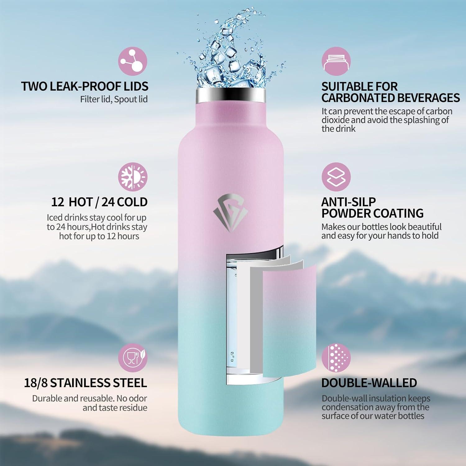 image:imageHoneyHolly Gourde Isotherme 500 ML Gourde INOX avec Paille Bouteille deau sans BPA Rutilisable AntiFuite Isolation sous Vide en Acier Inoxydable Double Paroi pour Enfants Adultes SportRose Clair Vert Clair 750 Ml